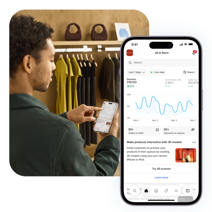 A woman looking at a mobile phone while standing outside. A mobile phone is superimposed on the right, along with a display of a dashboard of total sales.